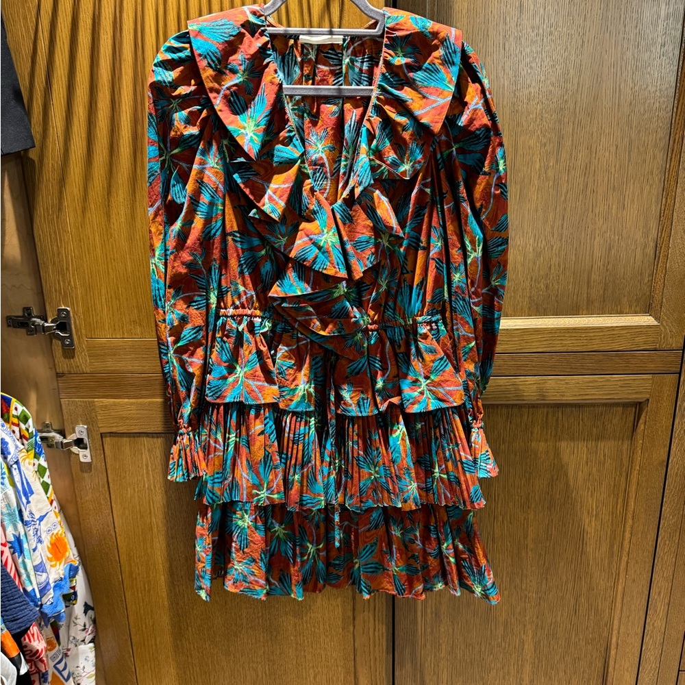 Ulla Johnson Colorful Ruffled Dress with Leaf Pattern